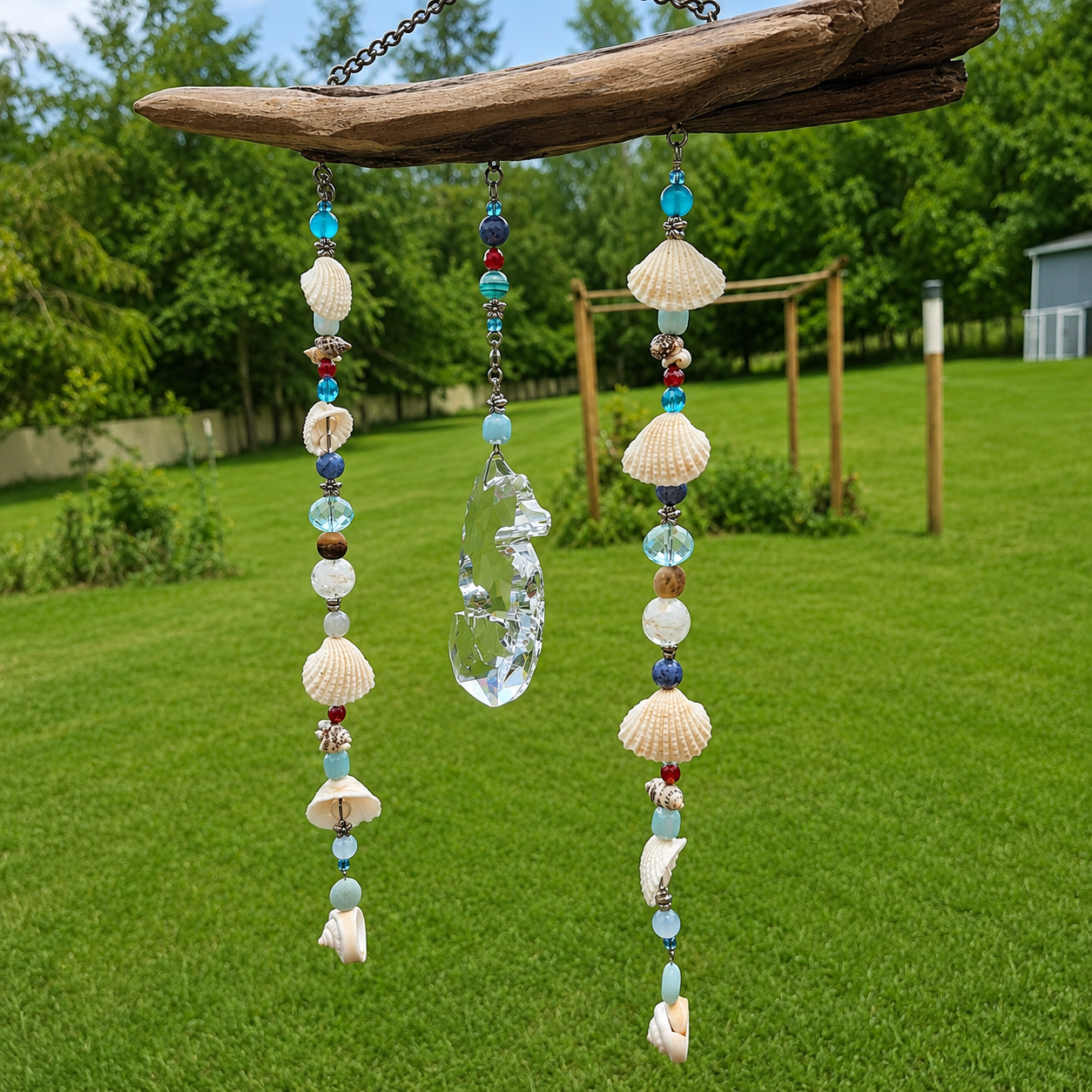 Seahorse Serenity Driftwood Suncatcher – Handcrafted Coastal Decor with Seashells