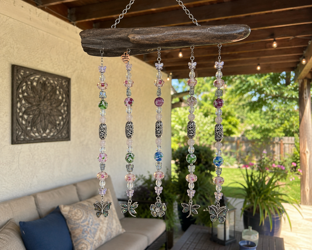 Butterfly Garden Breeze driftwood suncatcher handcrafted one-of-a-kind