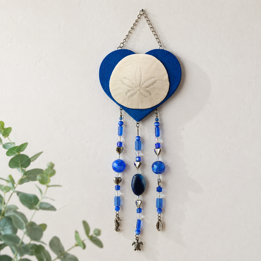 Blue Sand Dollar Heart Wall Hanging - named Ocean's Embrace