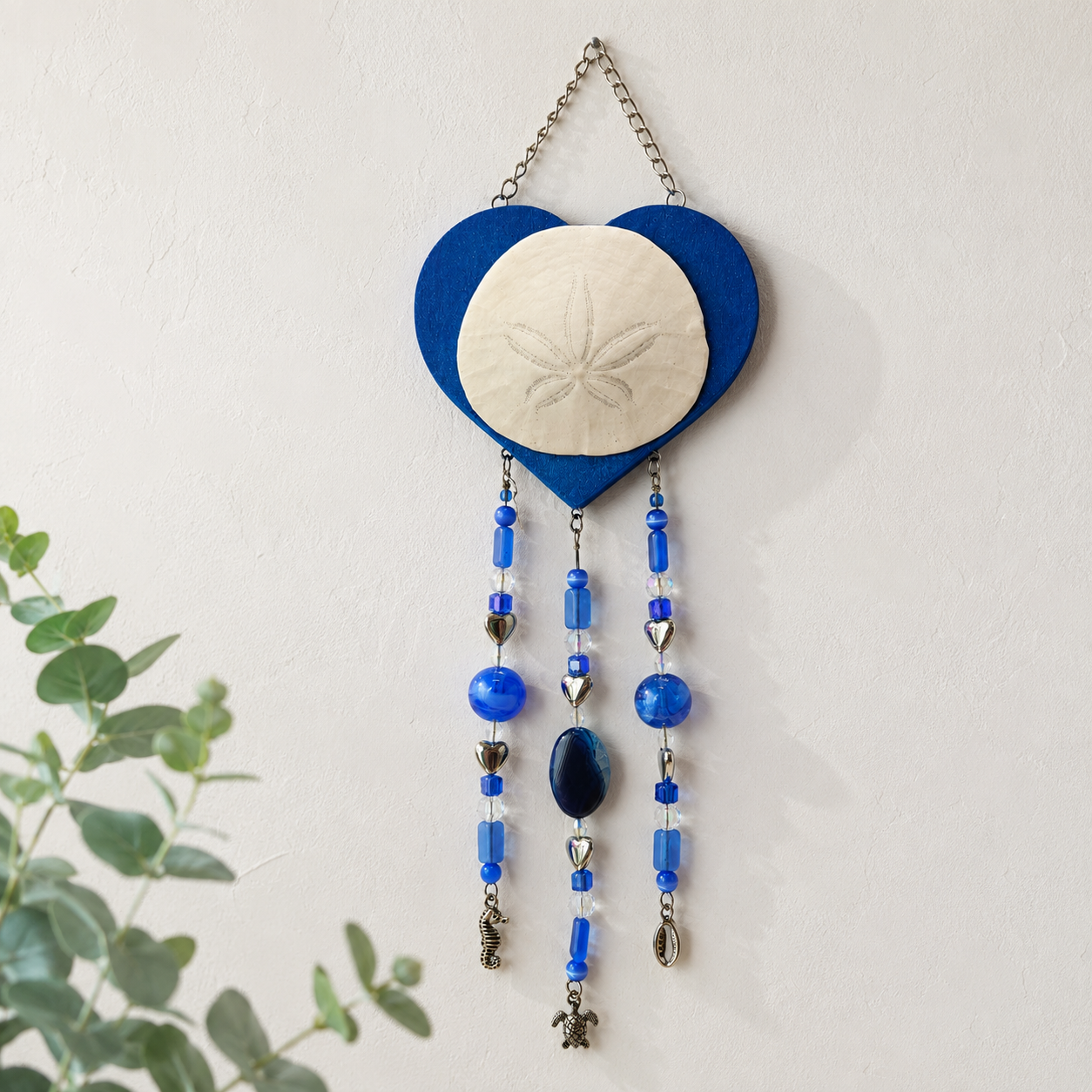 Blue Sand Dollar Heart Wall Hanging - named Ocean's Embrace