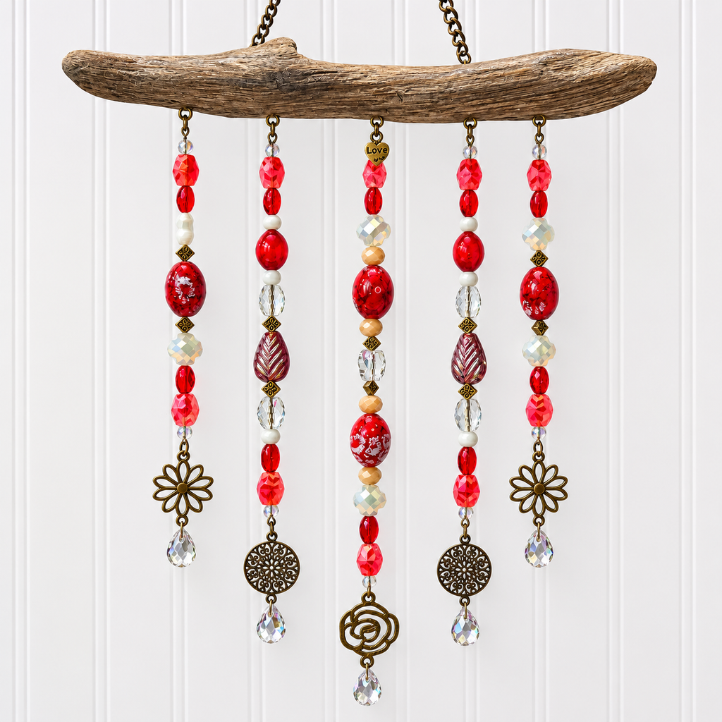 Crimson Bloom driftwood suncatcher handcrafted one-of-a-kind